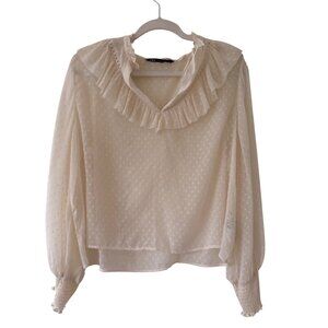 Zara Sheer Cream Ruffle Blouse With Long Sleeves & Smocked Cuffs Size XL